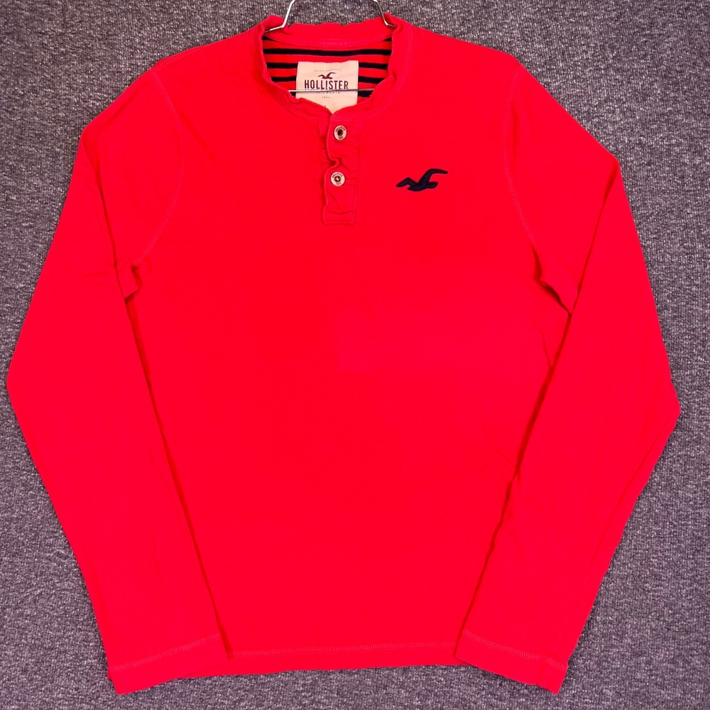Hollister Henley Shirt Mens L Red Preppy Casual Long Sleeve Embroidered Logo Y2K